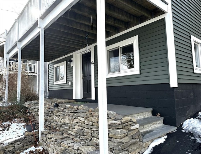 view of snow covered property