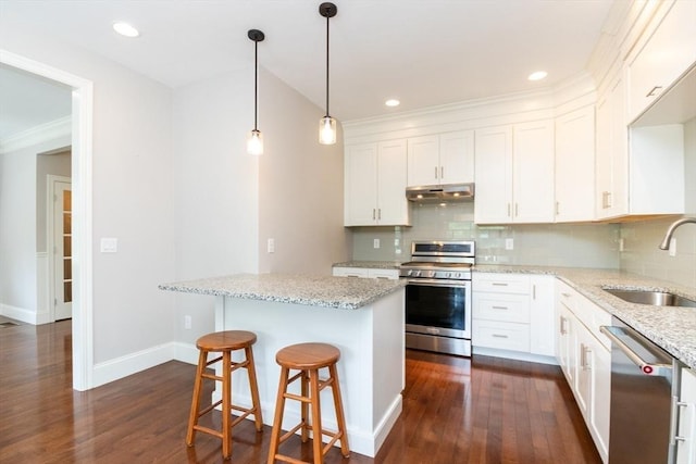 50 Brookview Rd Unit 50, Franklin, MA 02038 - kitchen with stainless steel appliances, under cabinet range hood, dark wood-style flooring, backsplash, and recessed lighting