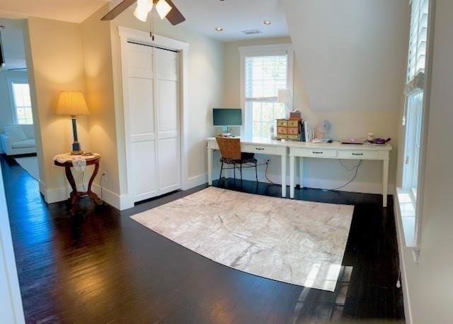 60 King St, Swampscott, MA 01907 - office area featuring wood finished floors, a ceiling fan, and baseboards