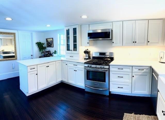60 King St, Swampscott, MA 01907 - kitchen featuring appliances with stainless steel finishes, a peninsula, white cabinets, dark wood finished floors, and recessed lighting