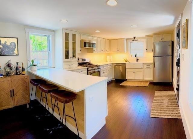 60 King St, Swampscott, MA 01907 - kitchen with appliances with stainless steel finishes, a sink, a peninsula, dark wood-type flooring, and white cabinets