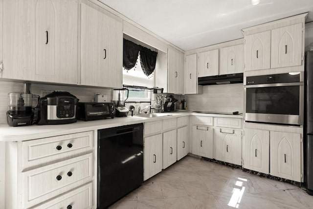 26 Hemlock Ter, Randolph, MA 02368 - kitchen with black appliances, under cabinet range hood, light marble finish floors, light countertops, and a sink