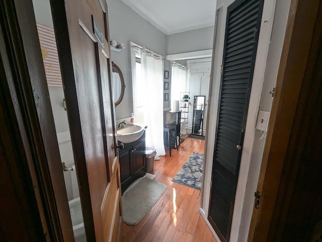 bathroom with vanity and hardwood / wood-style floors