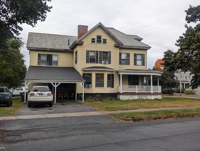 victorian home featuring a chimney, a garage, covered porch, and aphalt driveway