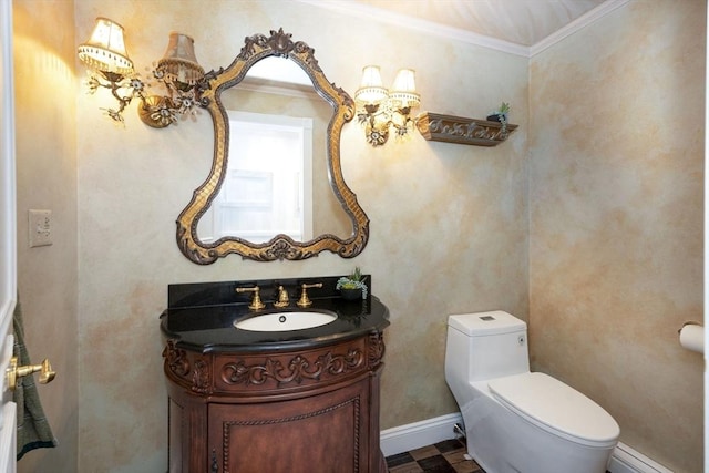 20 Albee Dr, Braintree, MA 02184 - bathroom with toilet, vanity, baseboards, ornamental molding, and a baseboard heating unit