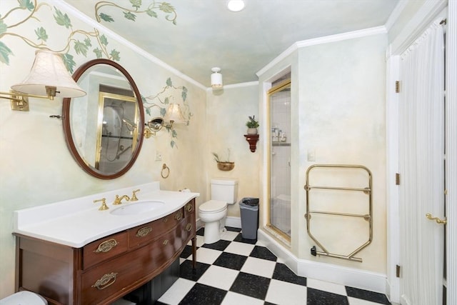 20 Albee Dr, Braintree, MA 02184 - bathroom featuring tile patterned floors, toilet, a stall shower, vanity, and crown molding