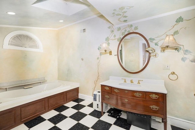 20 Albee Dr, Braintree, MA 02184 - full bath featuring tile patterned floors, a skylight, vanity, a bath, and ornamental molding