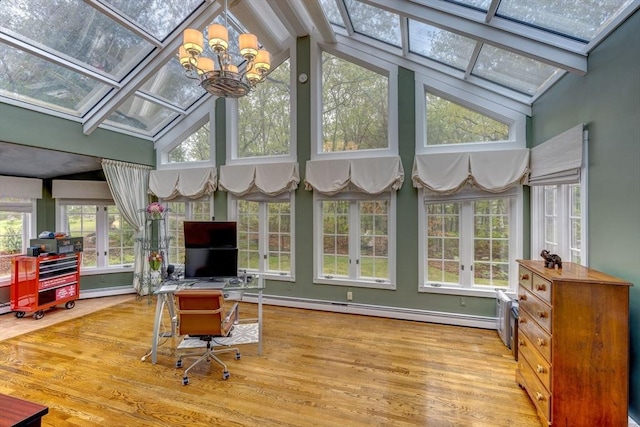 20 Albee Dr, Braintree, MA 02184 - sunroom featuring a skylight, high vaulted ceiling, french doors, a chandelier, and a wooden deck