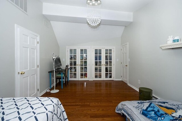 20 Albee Dr, Braintree, MA 02184 - bedroom featuring french doors, a chandelier, vaulted ceiling, wood finished floors, and baseboards