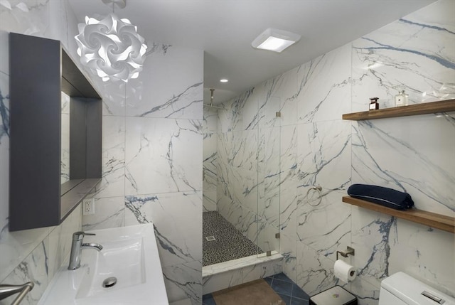 20 Albee Dr, Braintree, MA 02184 - bathroom with tile walls, a sink, a marble finish shower, and toilet