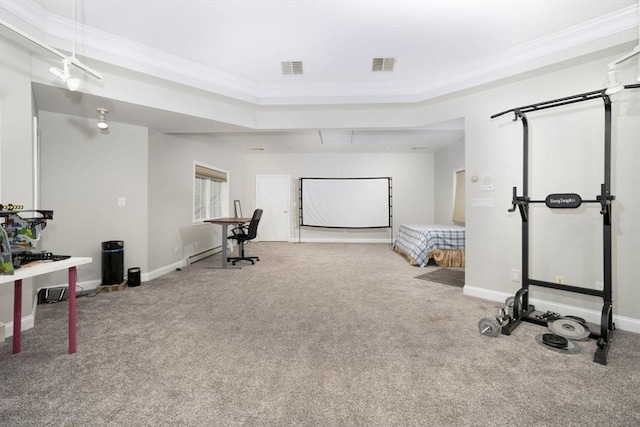 20 Albee Dr, Braintree, MA 02184 - workout area featuring carpet floors, crown molding, attic access, and baseboards