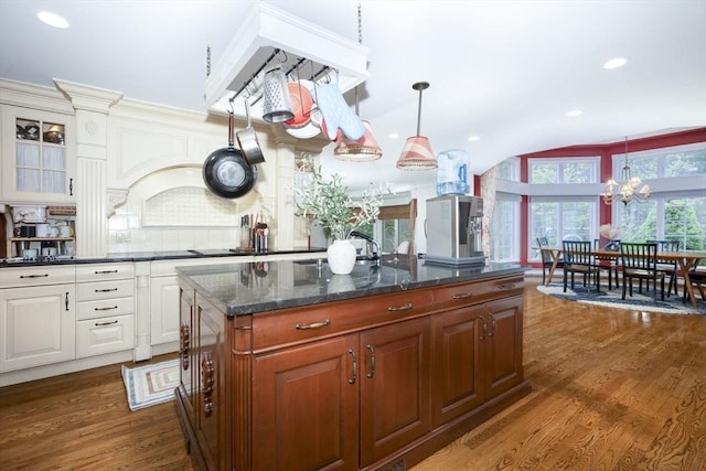 20 Albee Dr, Braintree, MA 02184 - kitchen featuring a chandelier, dark wood-style floors, recessed lighting, tasteful backsplash, and decorative light fixtures