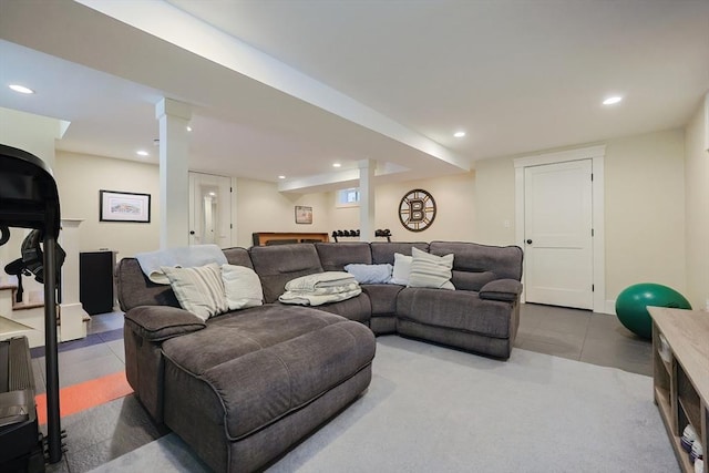 5 Baxter St, Westborough, MA 01581 - living area with recessed lighting and dark tile patterned flooring