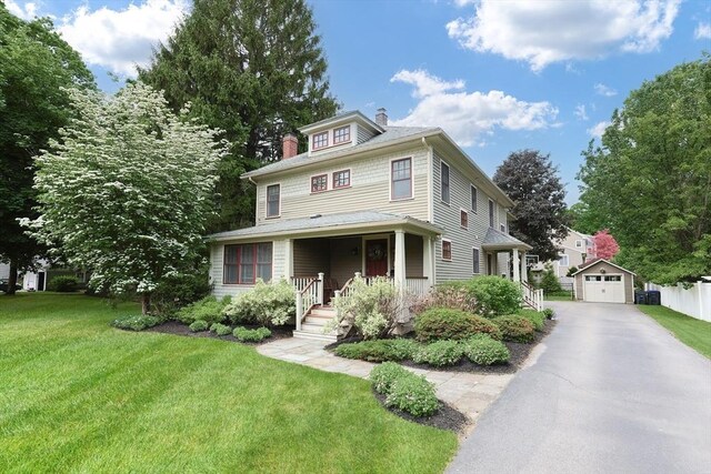 5 Baxter St, Westborough, MA 01581 - american foursquare style home featuring an outdoor structure, a chimney, a detached garage, asphalt driveway, and a porch