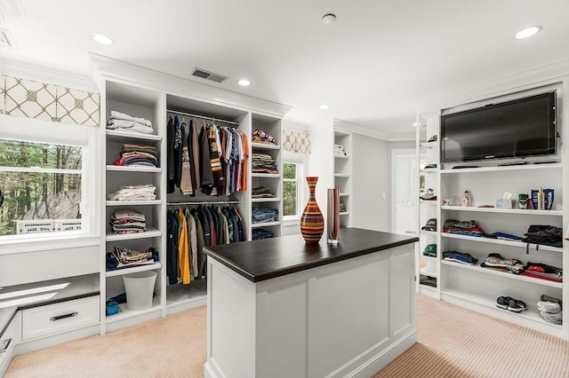 walk in closet featuring light carpet