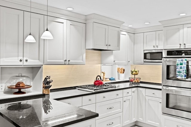 12 Braddock Park Unit 1, Boston, MA 02116 - kitchen with appliances with stainless steel finishes, white cabinetry, recessed lighting, decorative backsplash, and hanging light fixtures