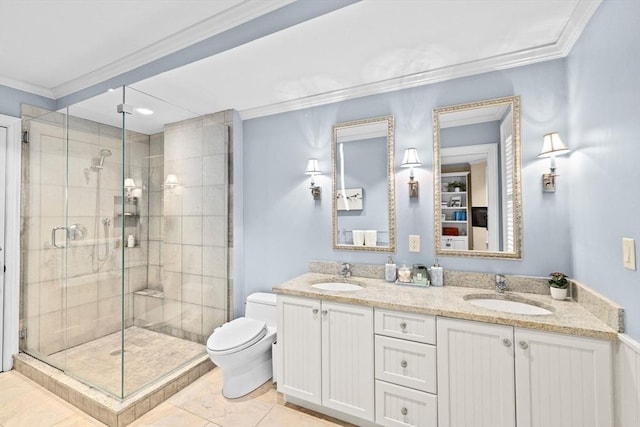 12 Braddock Park Unit 1, Boston, MA 02116 - full bathroom with toilet, a stall shower, ornamental molding, double vanity, and tile patterned floors