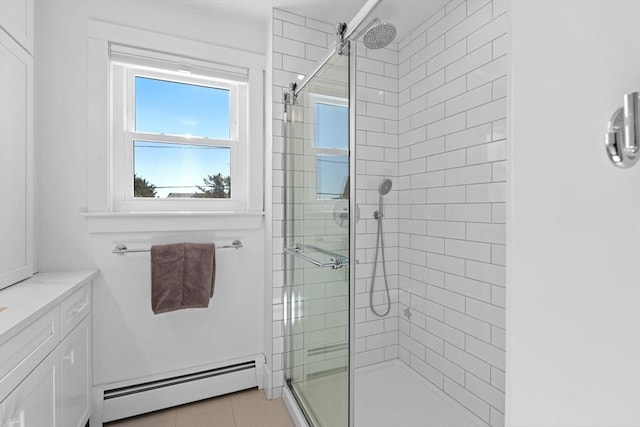 bathroom featuring a shower stall, baseboard heating, and vanity