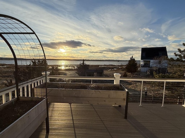 exterior space with a water view