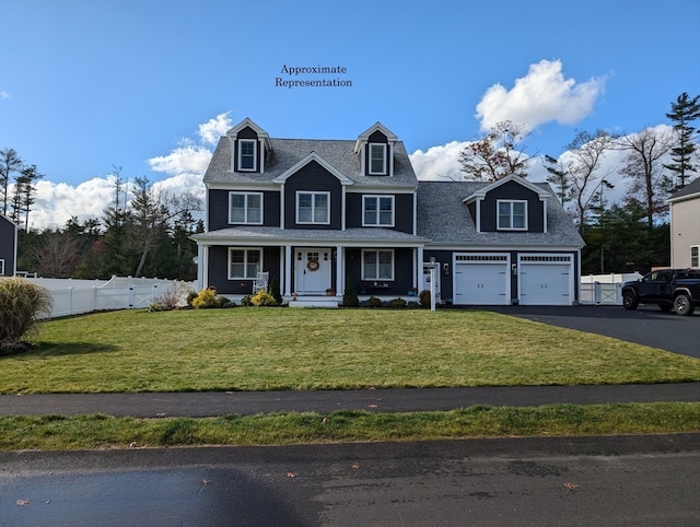 view of front of home with a porch, a garage, and a front lawn