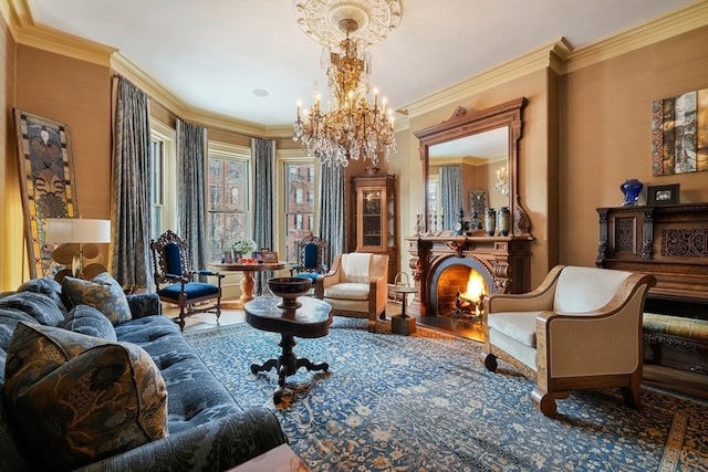 sitting room featuring ornamental molding and a notable chandelier