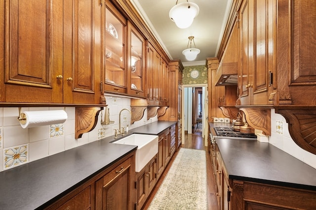 kitchen with custom range hood, sink, light hardwood / wood-style flooring, ornamental molding, and backsplash