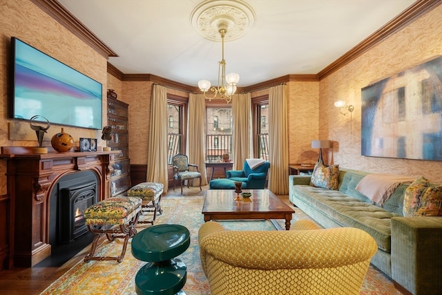 living room with ornamental molding, a chandelier, and dark wood-type flooring