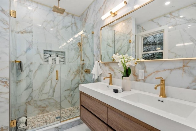 20 Boylston St Unit 3, Boston, MA 02130 - full bath with double vanity, a marble finish shower, and tile walls