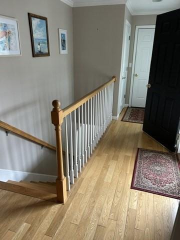 1 Hayloft Ln Unit 1, Marshfield, MA 02050 - hallway with an upstairs landing, ornamental molding, and wood finished floors