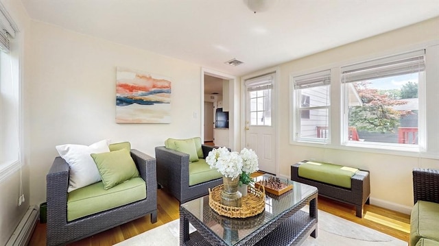 41 Lee Rd, Needham, MA 02494 - living room featuring a baseboard radiator, wood finished floors, and baseboards