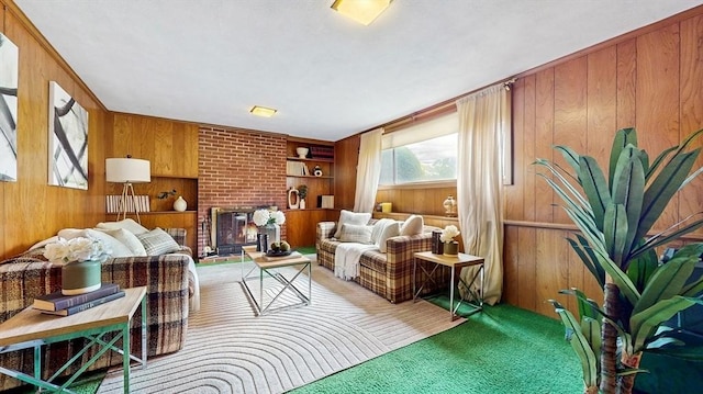 41 Lee Rd, Needham, MA 02494 - carpeted living room featuring wooden walls, built in shelves, and a fireplace