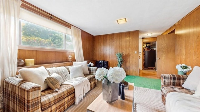 41 Lee Rd, Needham, MA 02494 - living room featuring wood walls and light colored carpet
