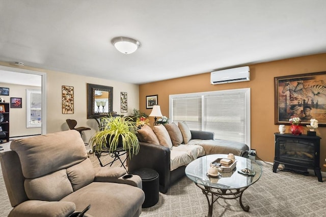 27 Whittier St, Fall River, MA 02724 - carpeted living room featuring a wall mounted AC and a wood stove