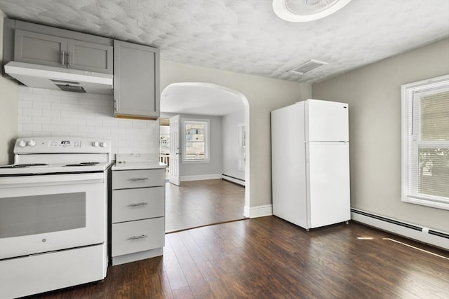 27 Whittier St, Fall River, MA 02724 - kitchen featuring white appliances, gray cabinets, range hood, and arched walkways
