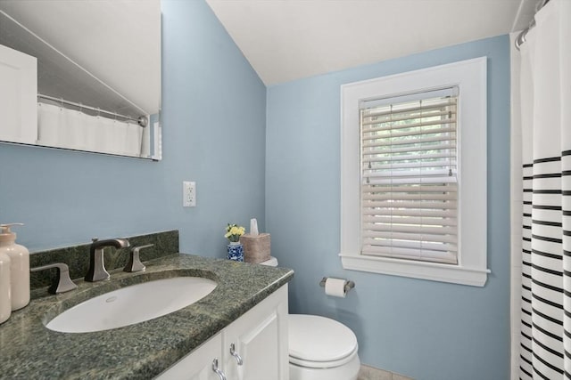 11 Netta Rd, Dedham, MA 02026 - full bathroom featuring lofted ceiling, vanity, toilet, and a shower with curtain