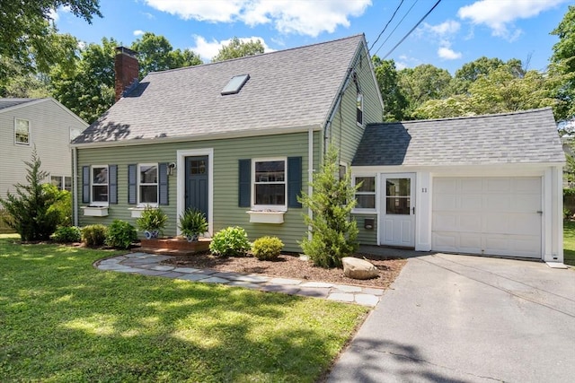 11 Netta Rd, Dedham, MA 02026 - new england style home featuring a shingled roof, a chimney, driveway, a front yard, and an attached garage