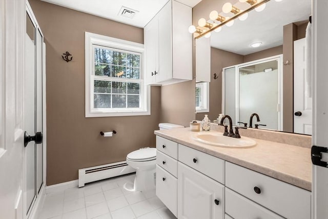 bathroom featuring visible vents, baseboard heating, a stall shower, baseboards, and toilet