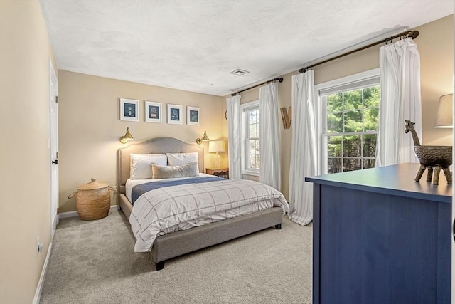 bedroom with carpet floors, baseboards, and a textured ceiling