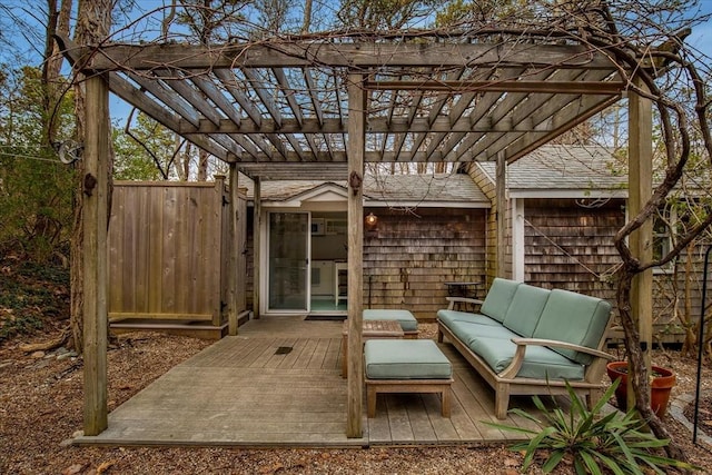 82 Shore Rd Unit 9, Truro, MA 02652 - wooden terrace featuring an outdoor living space and a pergola