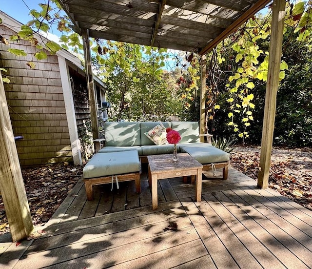 82 Shore Rd Unit 9, Truro, MA 02652 - wooden terrace with outdoor lounge area and a pergola