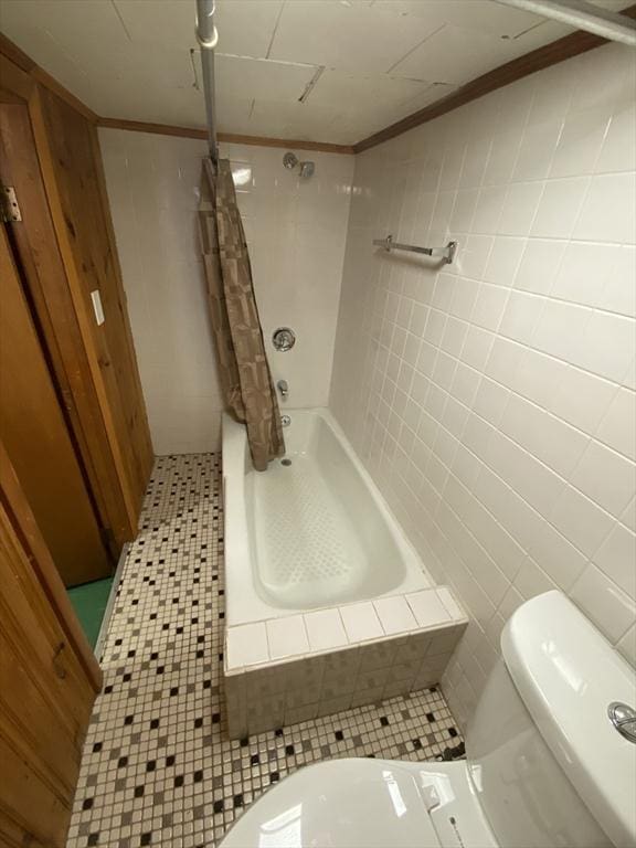 295 Atlantic, Quincy, MA 02171 - full bath featuring tile walls, tiled shower / bath combo, tile patterned floors, and crown molding
