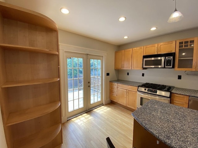 295 Atlantic, Quincy, MA 02171 - kitchen with appliances with stainless steel finishes, open shelves, french doors, light wood-style floors, and recessed lighting