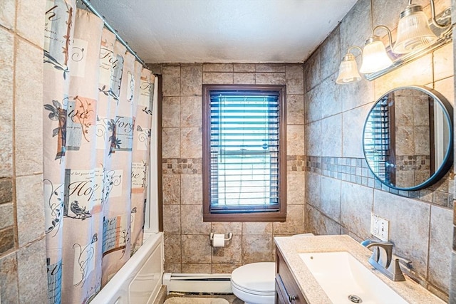 214 Hovenden Ave, Brockton, MA 02302 - full bathroom featuring a baseboard radiator, tile walls, vanity, and shower / tub combo