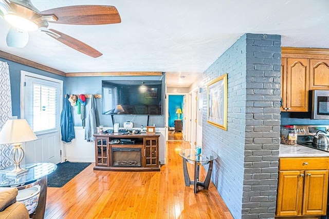 214 Hovenden Ave, Brockton, MA 02302 - living area with light wood-style flooring, a ceiling fan, and wainscoting