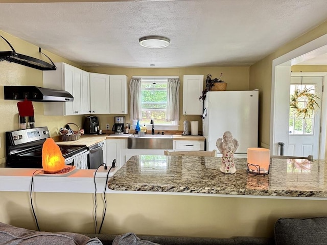 169 Beauchamp Ter, Chicopee, MA 01020 - kitchen with electric range, freestanding refrigerator, white cabinets, light stone counters, and ventilation hood