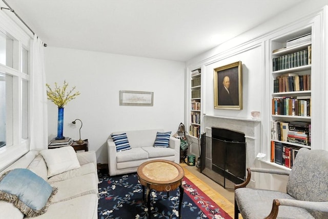 338 Harvard St Unit 1, Cambridge, MA 02139 - living area with a high end fireplace, built in shelves, and wood finished floors