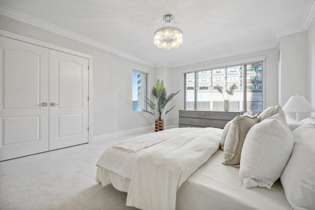 bedroom with light carpet, a notable chandelier, baseboards, and ornamental molding