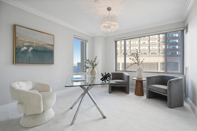 sitting room with plenty of natural light, carpet, and ornamental molding