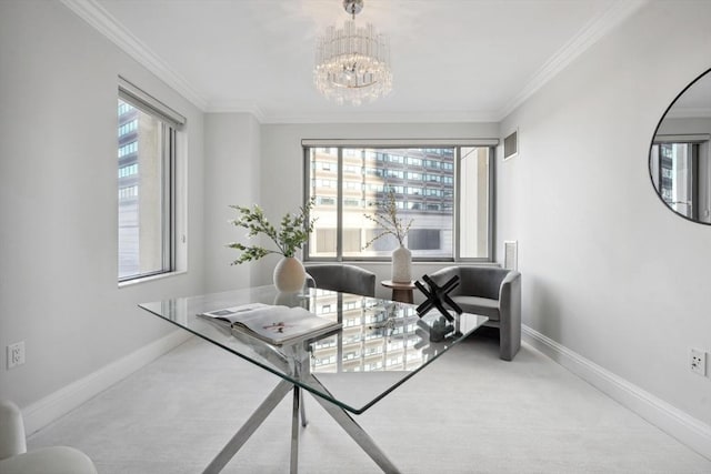 office space featuring a wealth of natural light, carpet flooring, visible vents, and ornamental molding