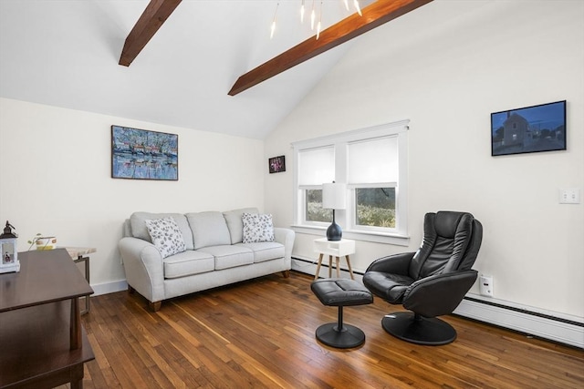 living area featuring a baseboard heating unit, high vaulted ceiling, wood-type flooring, and beam ceiling